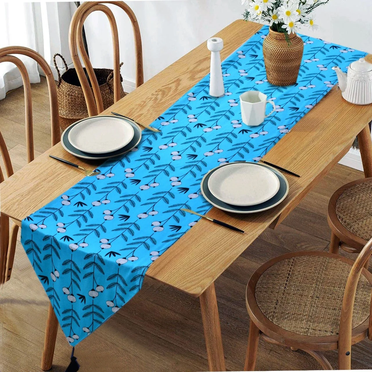 6 Seater Dining Table Runner Set(4617)- TRS09 turquoise - Image 2