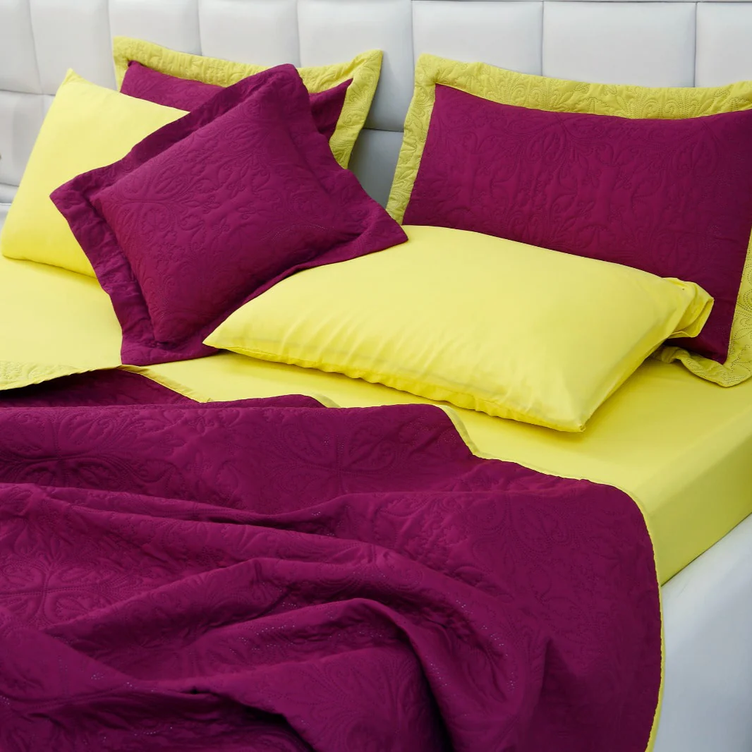 7 PCs Ultrasonic Bed Spread Set-Yellow Over Plum - Image 2
