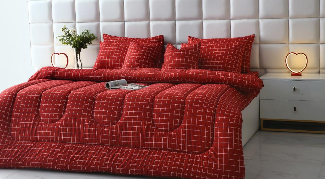 8 PCs Winter Comforter Set-Maroon Check - Image 3