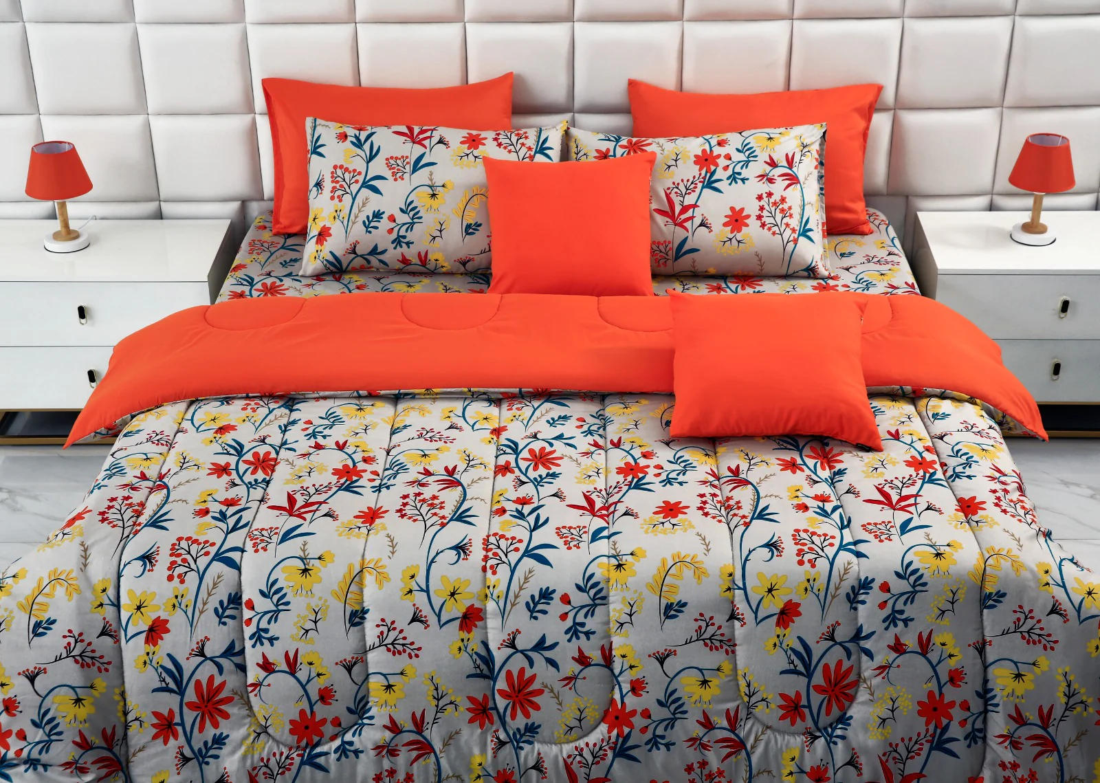 8 PCs Winter Razai Set-Orange Lilly - Image 9