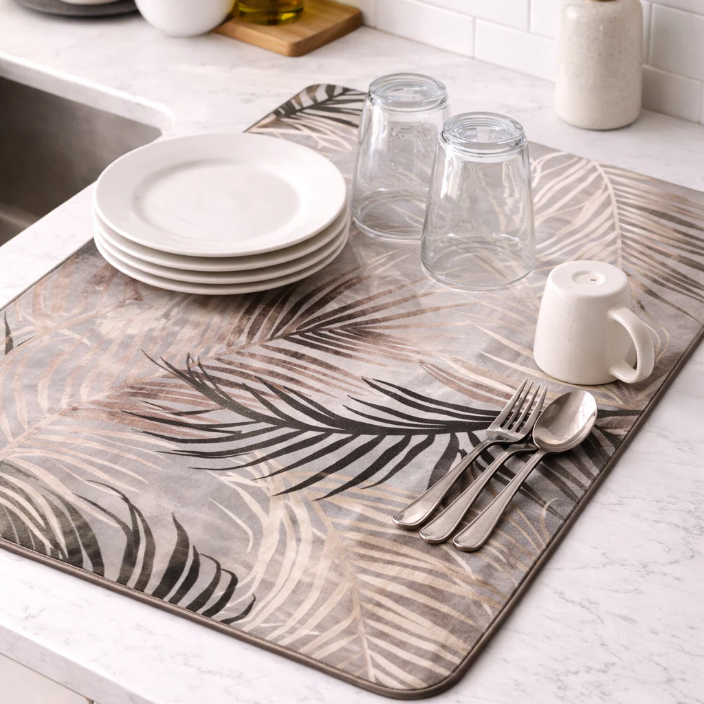 Anti Slip Dish Drying Mat-Beige Feathers