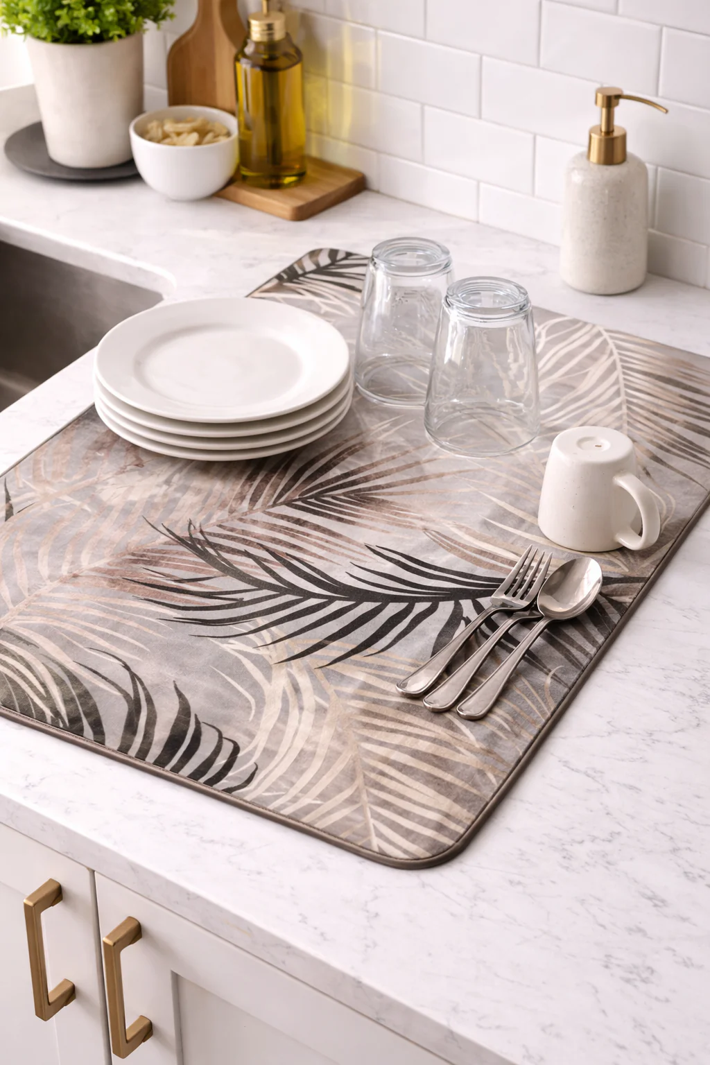 Anti Slip Dish Drying Mat-Beige Feathers - Image 2