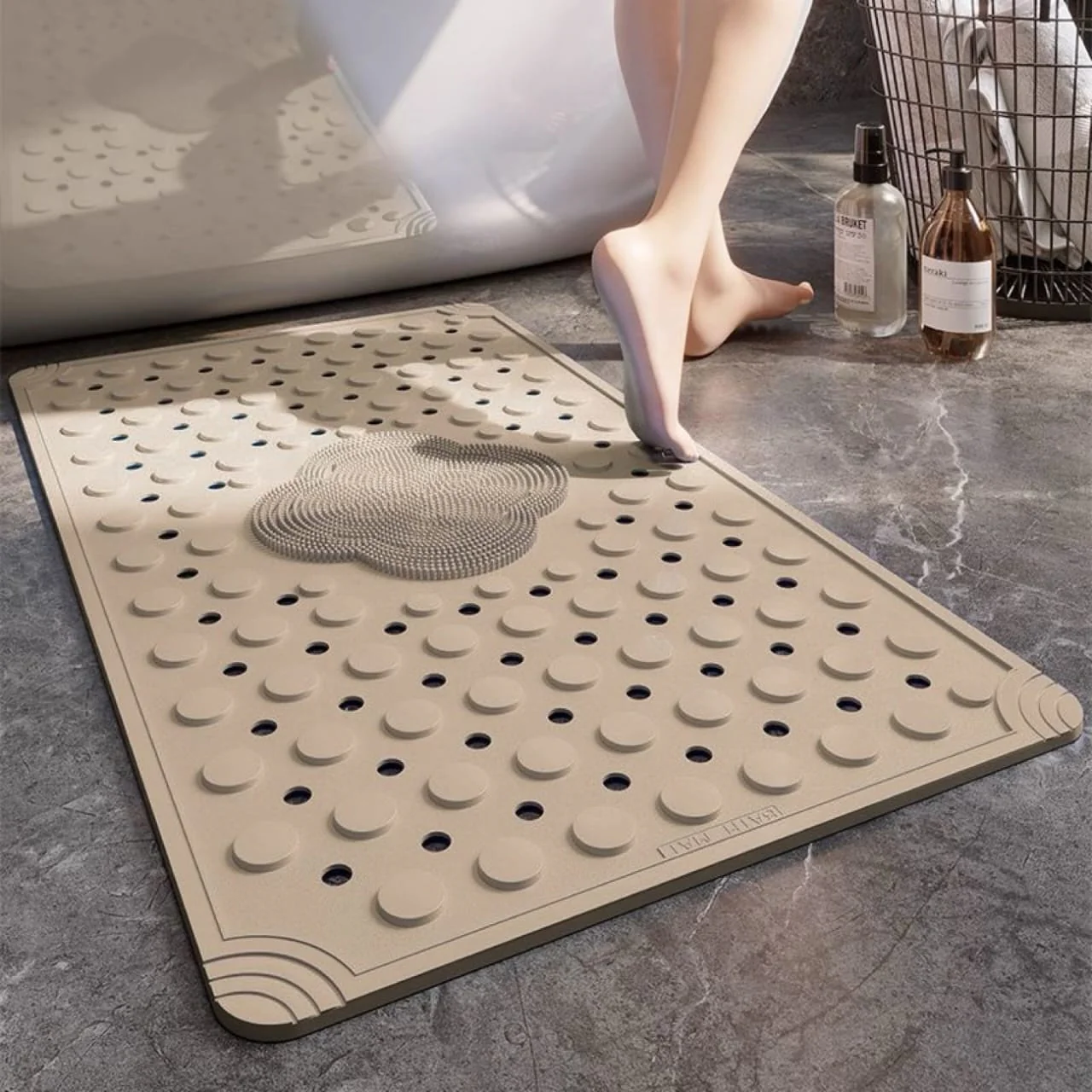 Anti Slip PVC Bathroom Mat With Foot Scrubber (SA2510-114)Beige - Image 2