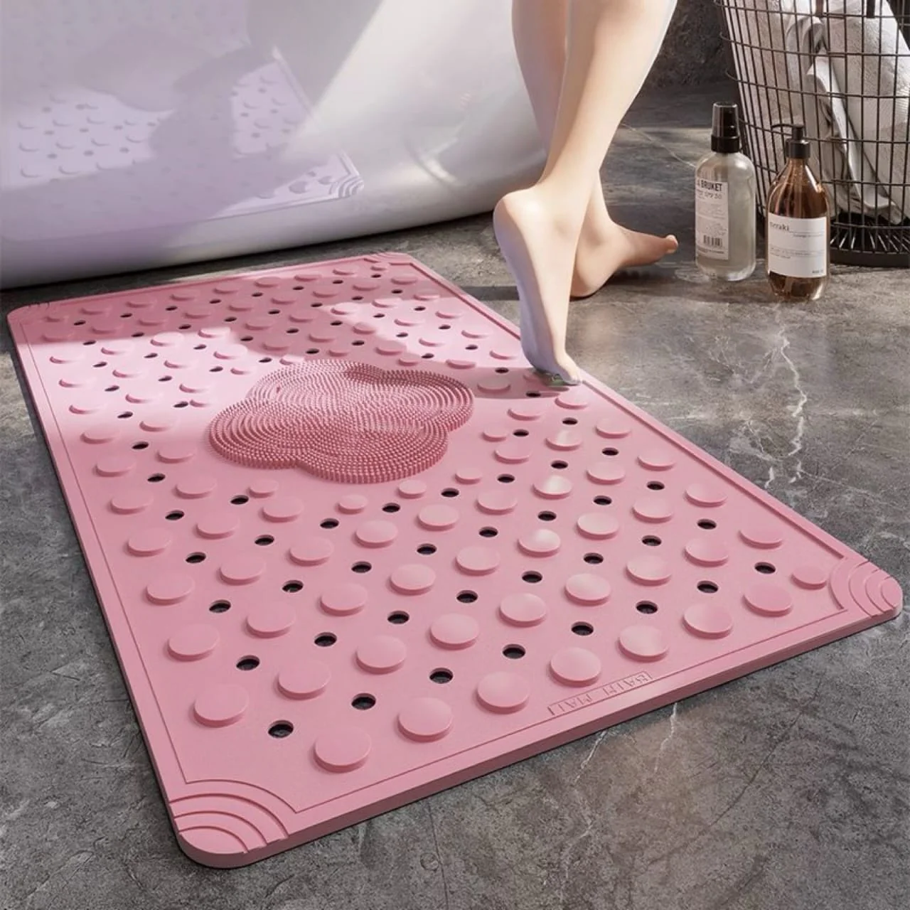 Anti Slip PVC Bathroom Mat With Foot Scrubber (SA2510-114)Pink
