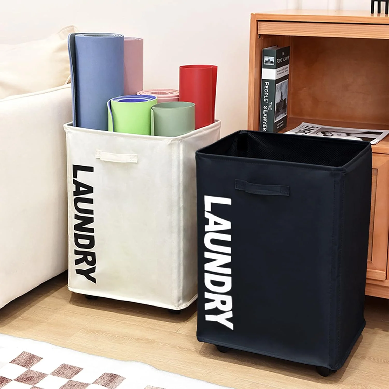 Cart Laundry Basket with Wheel-Black(5394) - Image 5