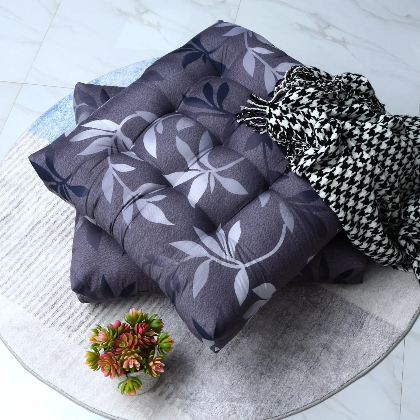 Digital Printed Square Floor Cushions-Grey Leaf