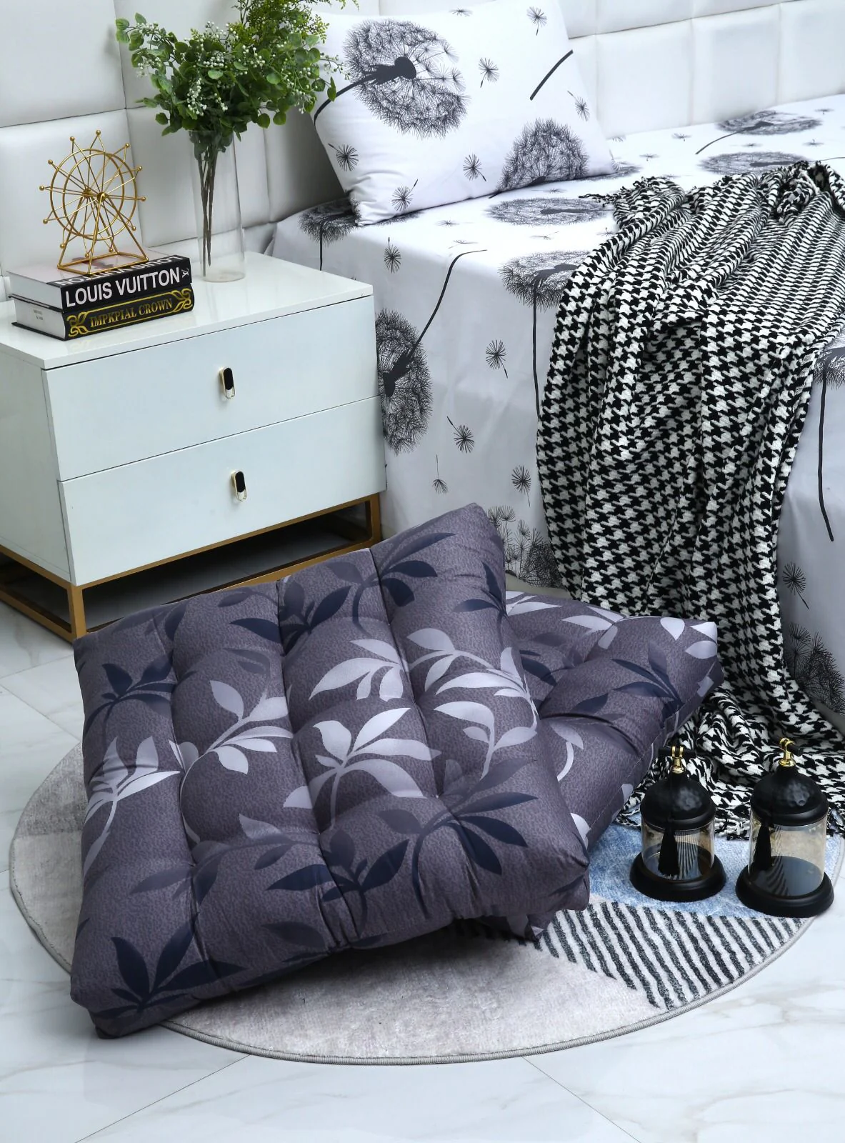 Digital Printed Square Floor Cushions-Grey Leaf - Image 11