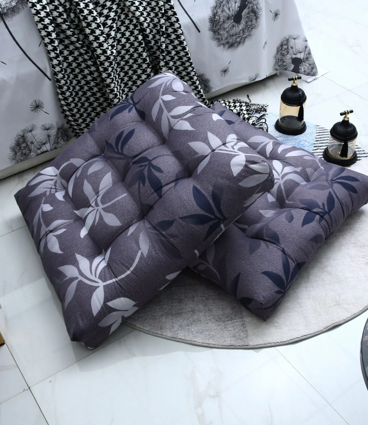 Digital Printed Square Floor Cushions-Grey Leaf - Image 3
