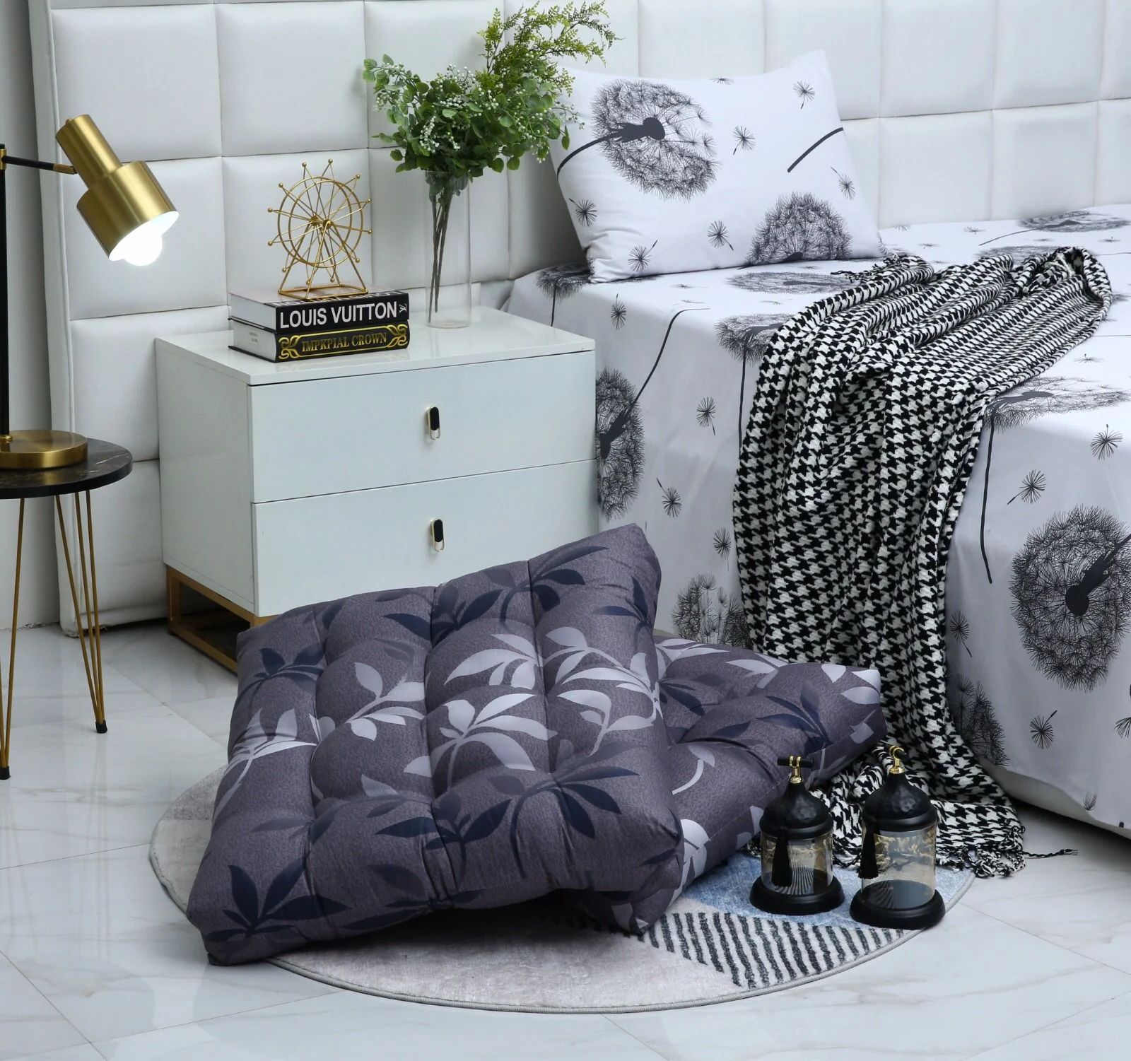 Digital Printed Square Floor Cushions-Grey Leaf - Image 4