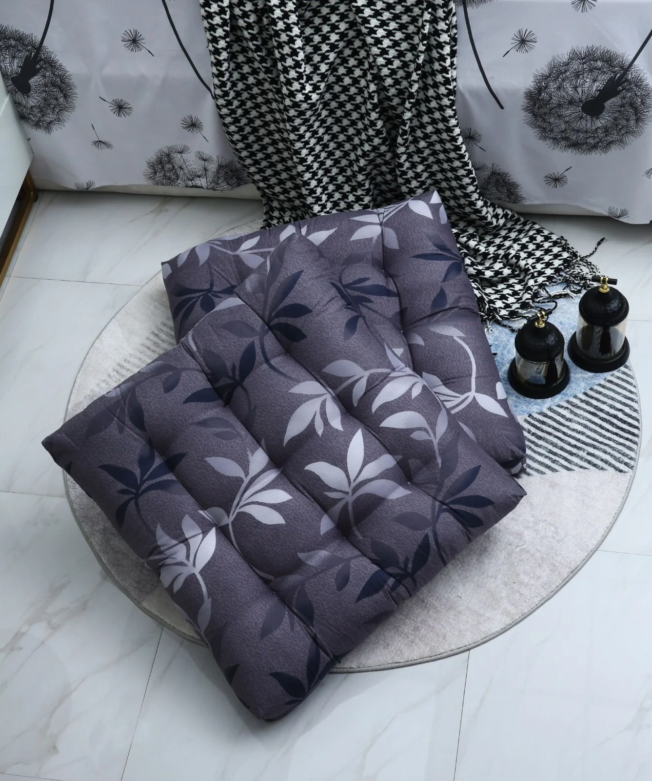 Digital Printed Square Floor Cushions-Grey Leaf - Image 5