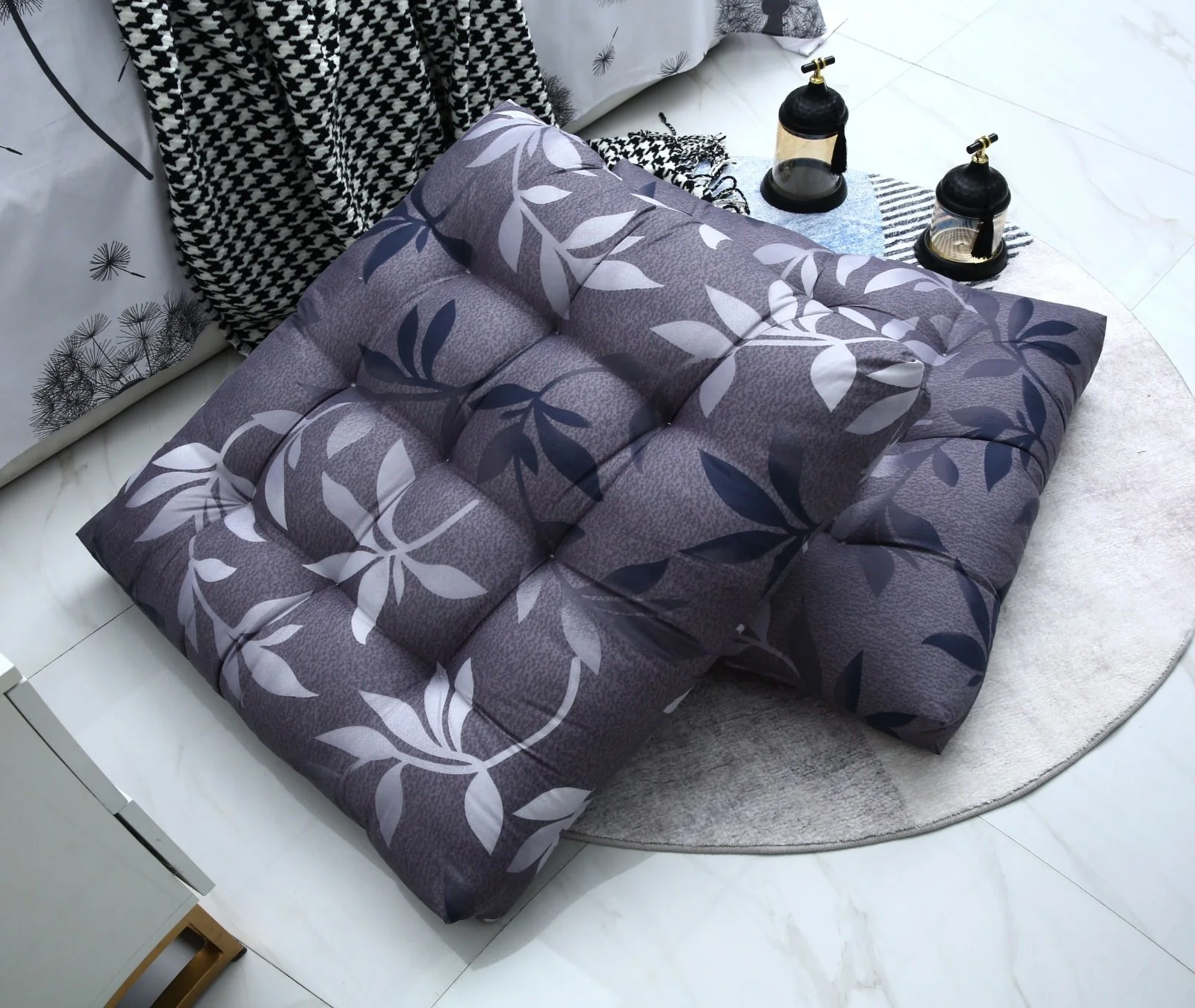 Digital Printed Square Floor Cushions-Grey Leaf - Image 6