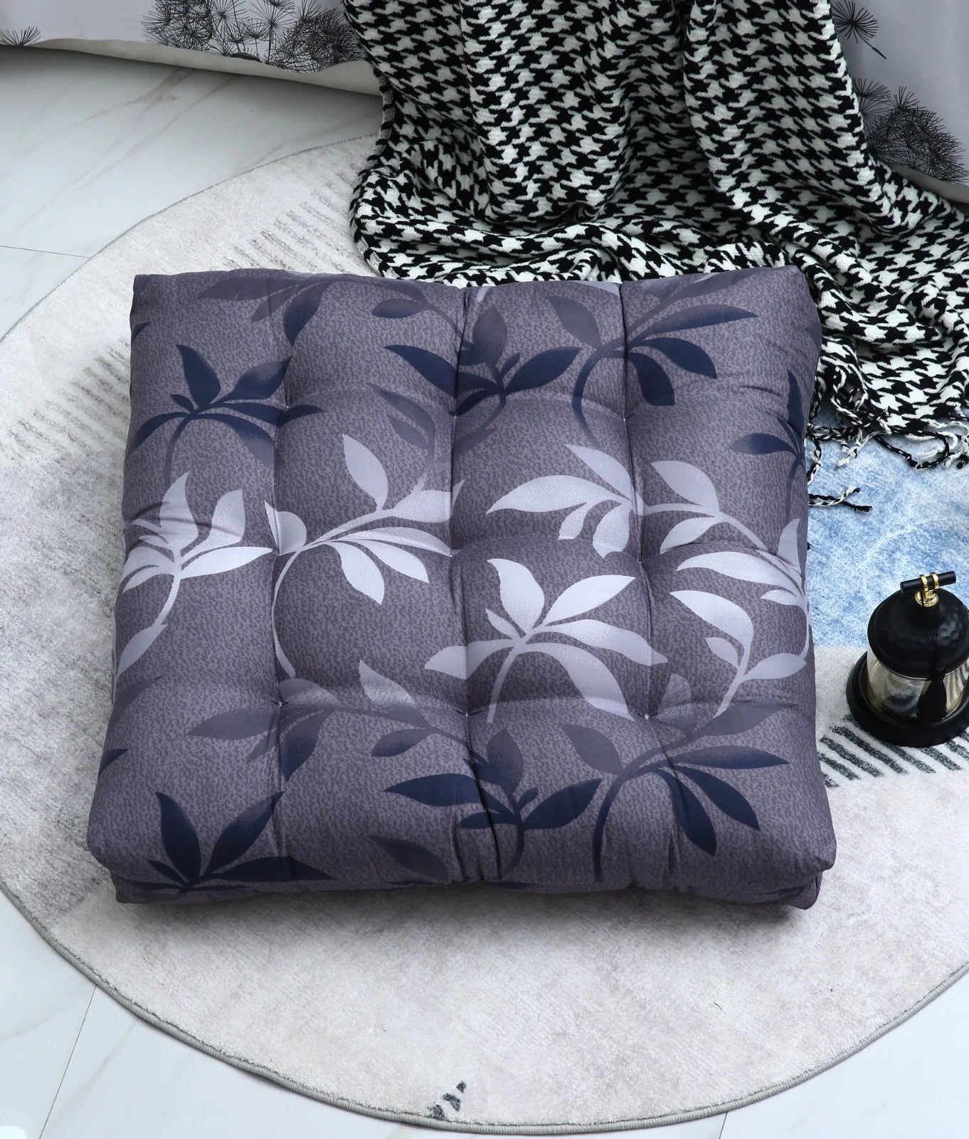 Digital Printed Square Floor Cushions-Grey Leaf - Image 7