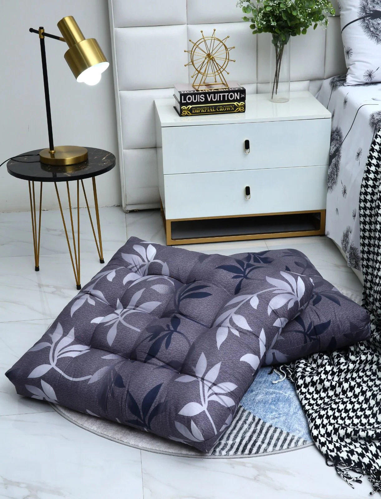 Digital Printed Square Floor Cushions-Grey Leaf - Image 8