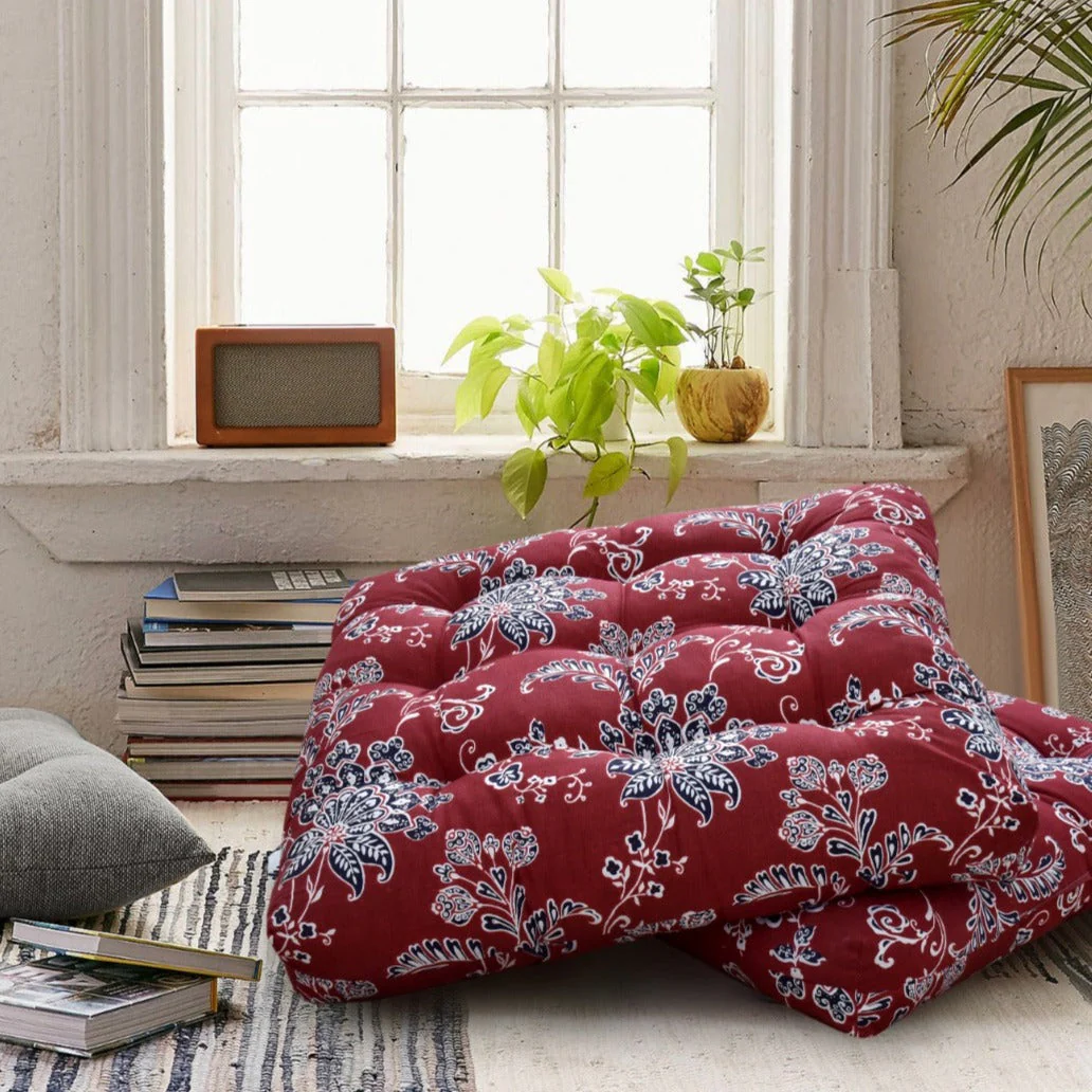 Digital Printed Square Floor Cushions- Maroon Floral - Image 2