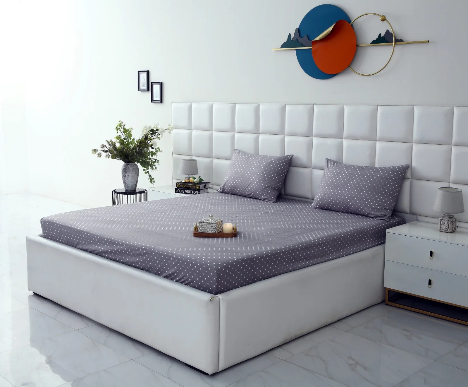 Fitted Bed Sheet-Grey Polka - Image 9