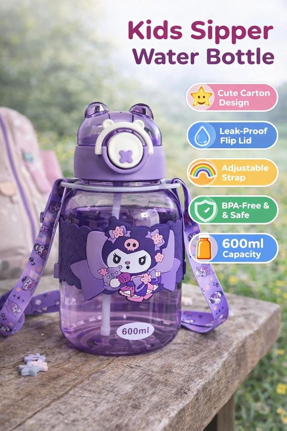 Kids Cartoon Sipper Water Bottle 600ml with Adjustable Strap (SA2510-146)VIOLET - Image 6