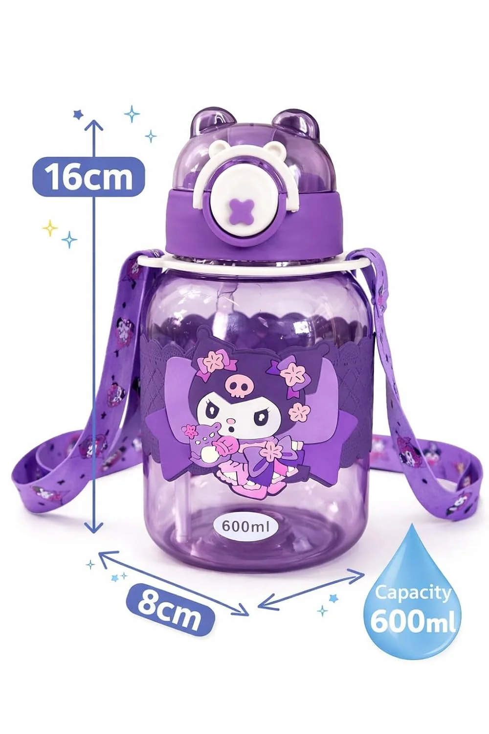 Kids Cartoon Sipper Water Bottle 600ml with Adjustable Strap (SA2510-146)VIOLET - Image 8