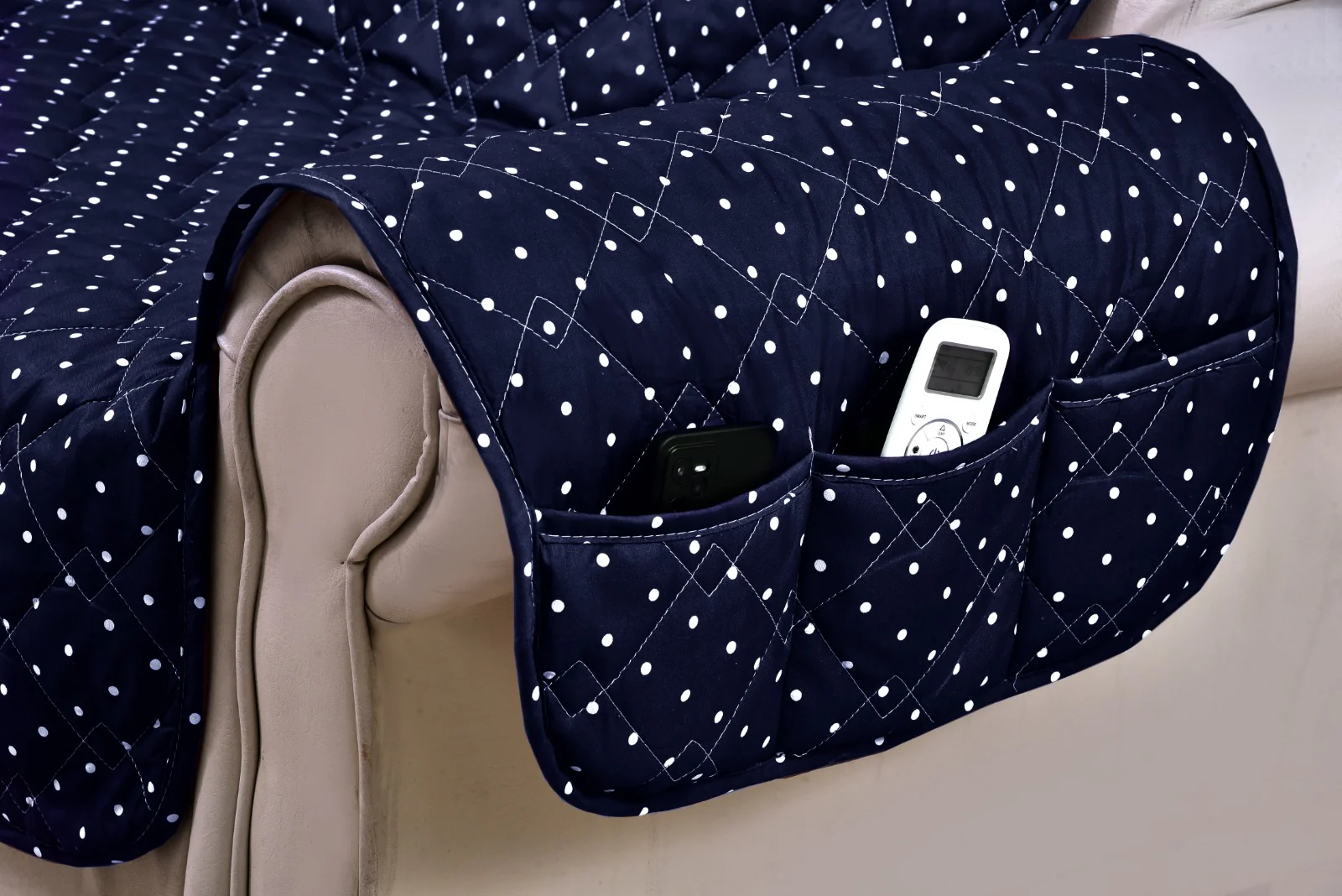 Sofa Cover-Blue Polka With Pockets - Image 2