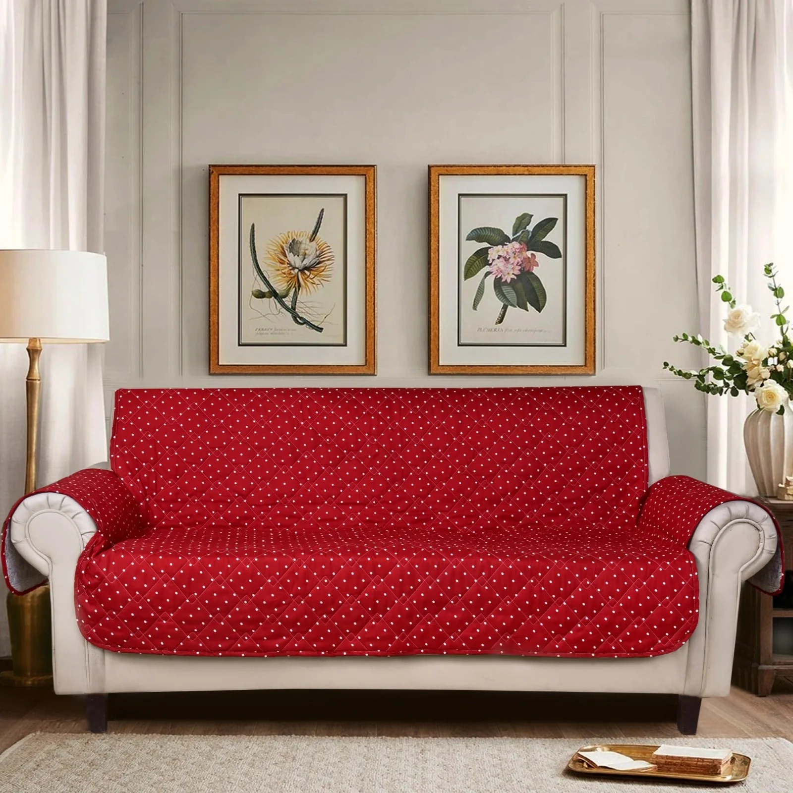 Sofa Cover-Maroon Polka With Pockets - Image 2