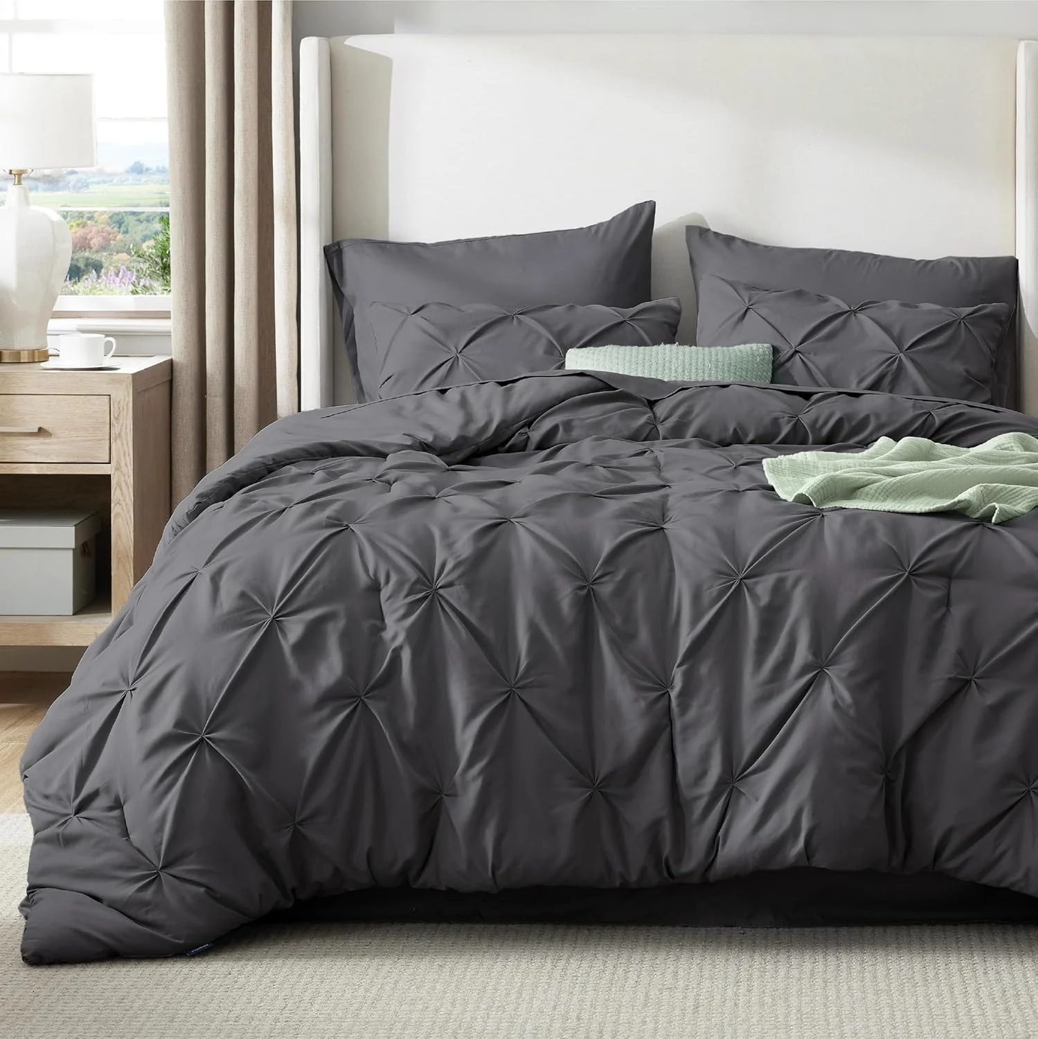 Solid Pintuck Duvet Cover Set-Grey - Image 11