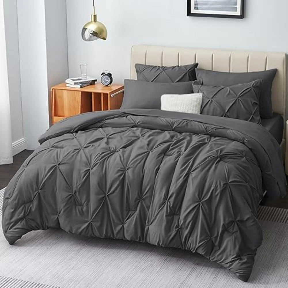 Solid Pintuck Duvet Cover Set-Grey - Image 2