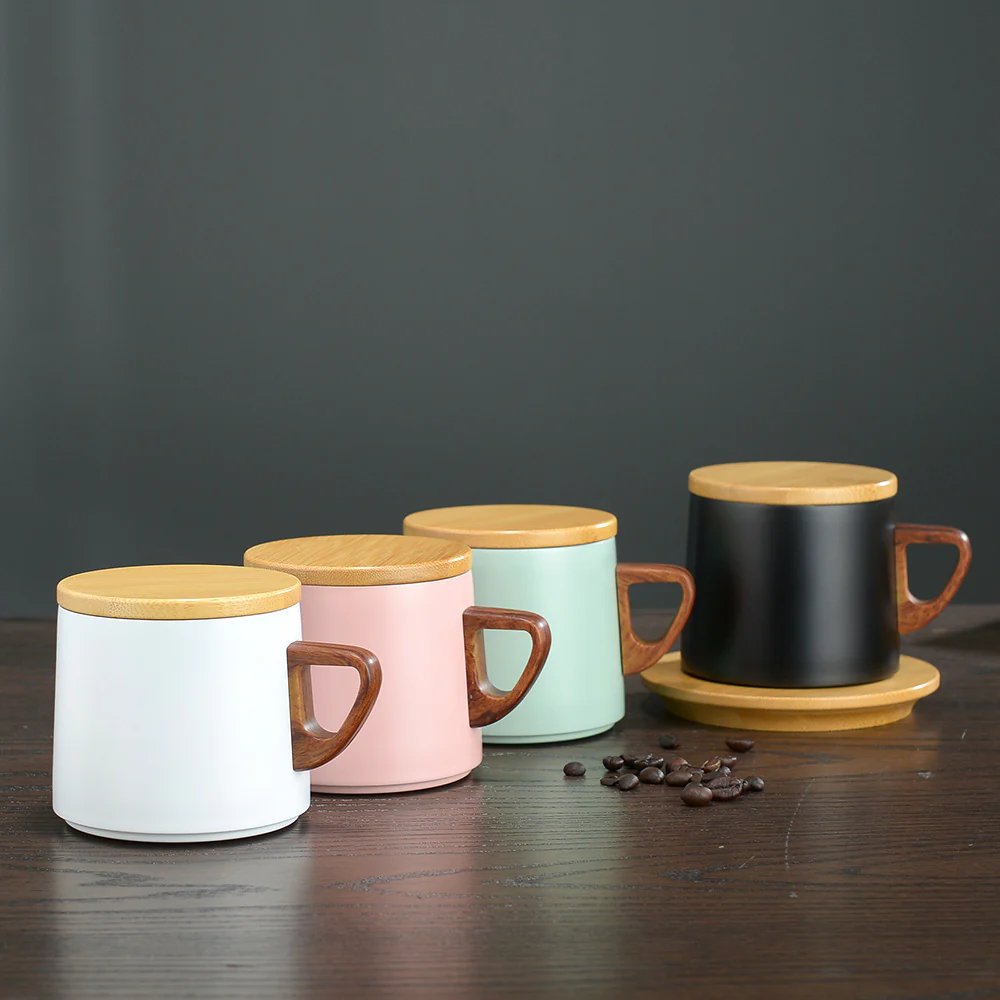 Vacuum Insulated Coffee Cup with Wooden Lid & Mat-White - Image 5