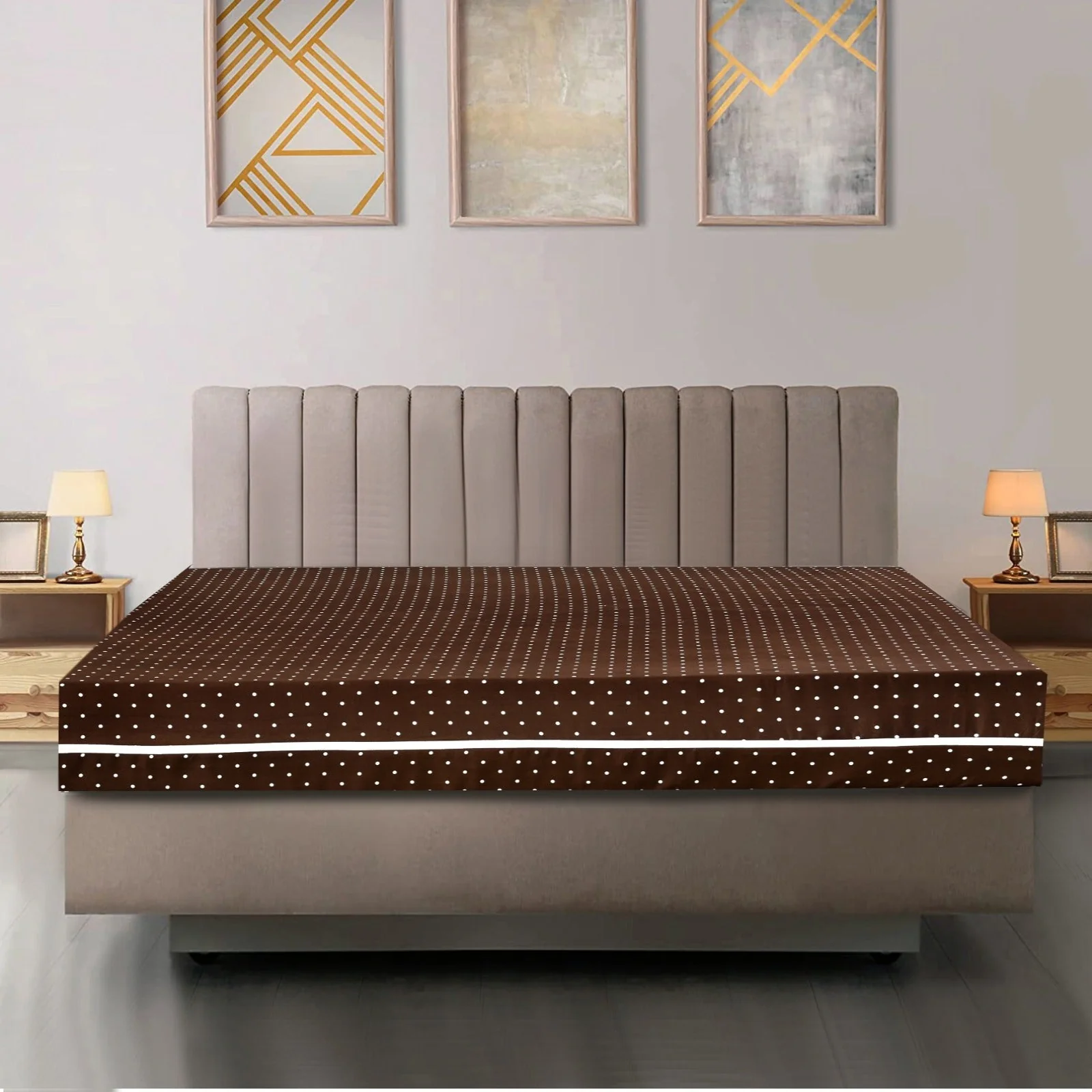 Zipper Mattress Cover Printed-Brown Polka - Image 3